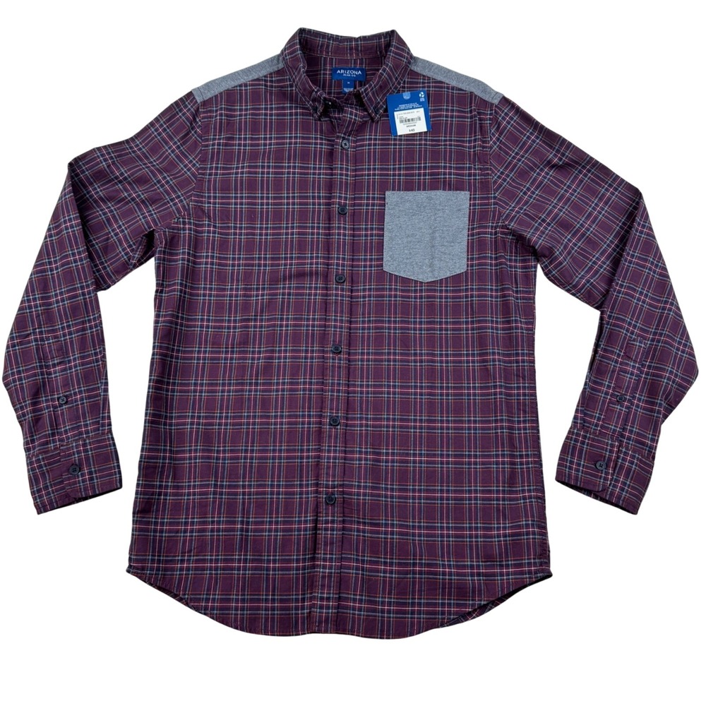 NWT Arizona Jean Co.‎ Mens Plaid Button Up Shirt - Medium - Red Blend - Pocket